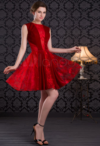 A-line Red Velvet Lace Peter  Pan Collar Prom Dress