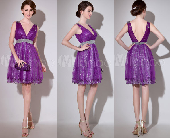 Lavender A-line Sequin V-Neck Sleeveless Tulle Cocktail Dress