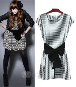 Nice Strips Sash Bow Cotton Women's Print Dress