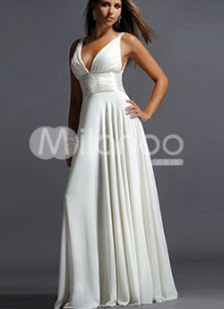 White Deep V-neck Evening Dresses