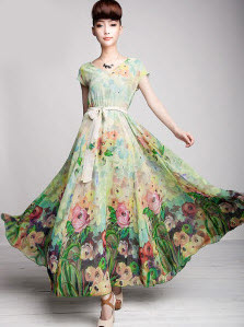 Bohemian Green Floral Print Dress at Milanoo