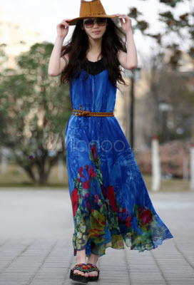 Bohemian Royal Blue Sleeveless Belted Dresses