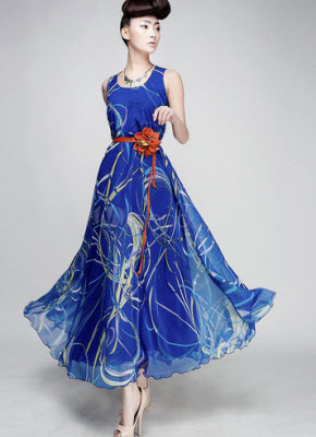 Deep Blue Printed Jewel Neck Maxi Dresses