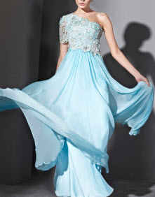 Sky Blue Silk Satin Lace One Shoulder Prom Dresses