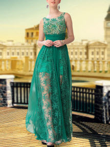 Green Semi-Sheer Lace Beading Satin Woman's Prom Dresses