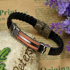 Men's Stainless Steel Weave Chain Leather Bracelets