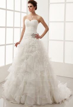 Ball-Gown Sweetheart Chapel Train Organza Satin Wedding Dress With Ruffle Crystal Brooch